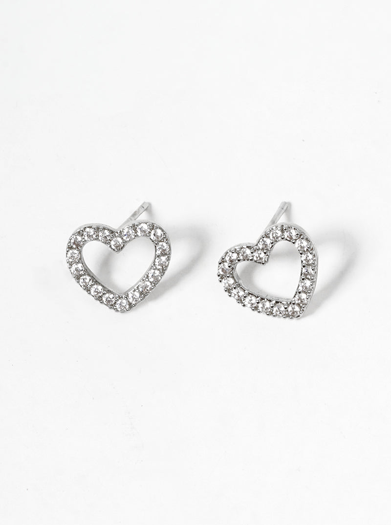 White Gold Dipped CZ Pave Heart Post Stud Earrings