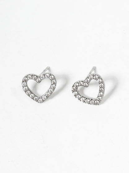 White Gold Dipped CZ Pave Heart Post Stud Earrings