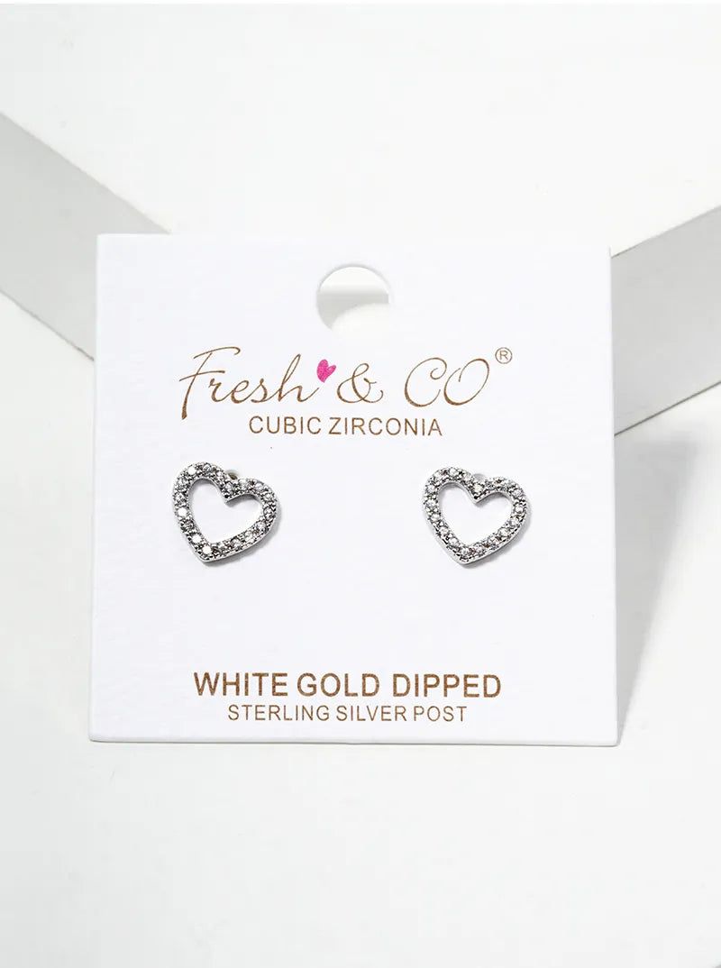 White Gold Dipped CZ Pave Heart Post Stud Earrings