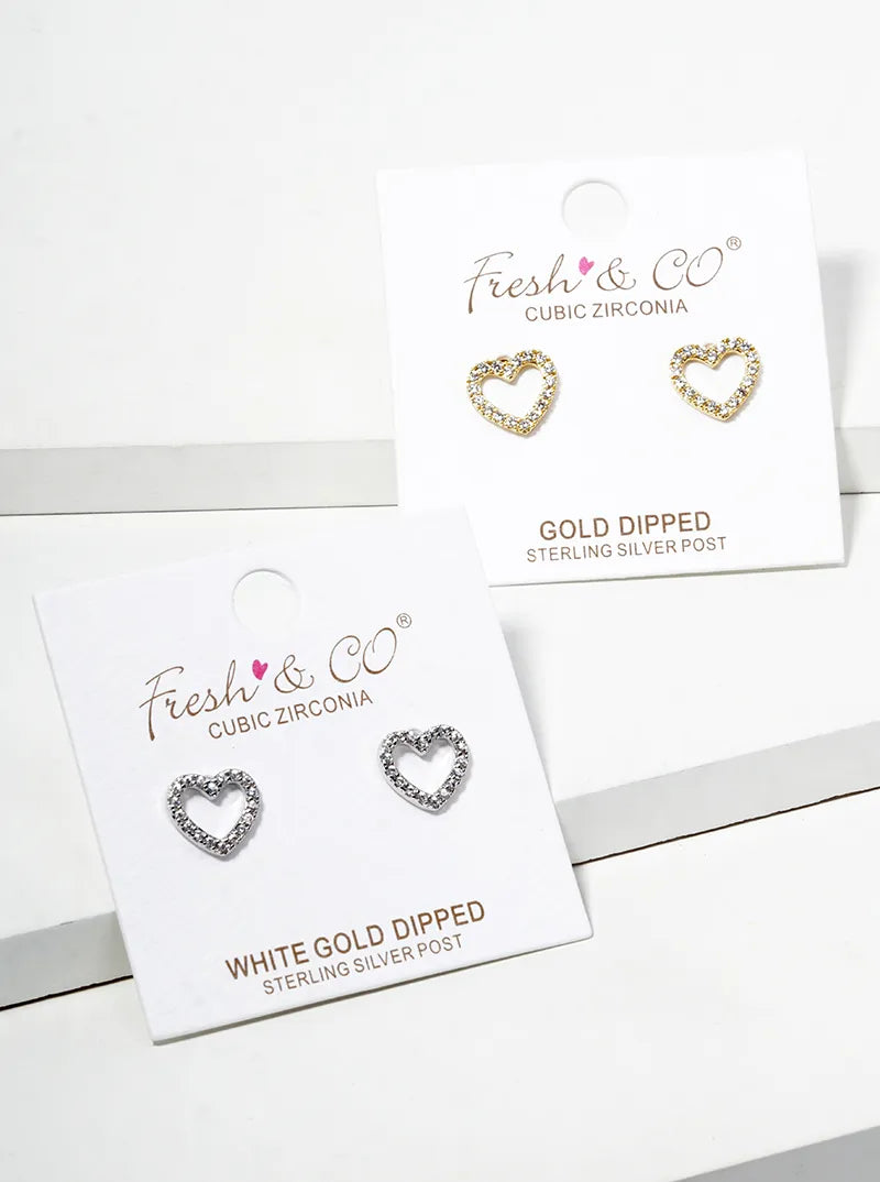 White Gold Dipped CZ Pave Heart Post Stud Earrings