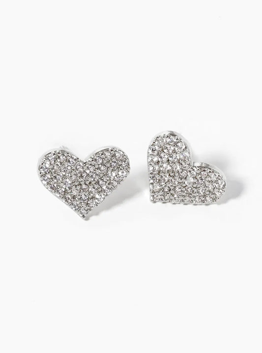 White Gold Dipped CZ Pave Heart Post Stud Earrings