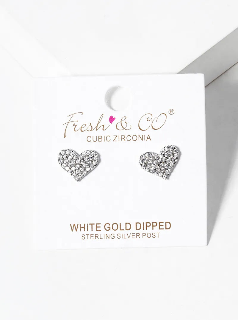 White Gold Dipped CZ Pave Heart Post Stud Earrings