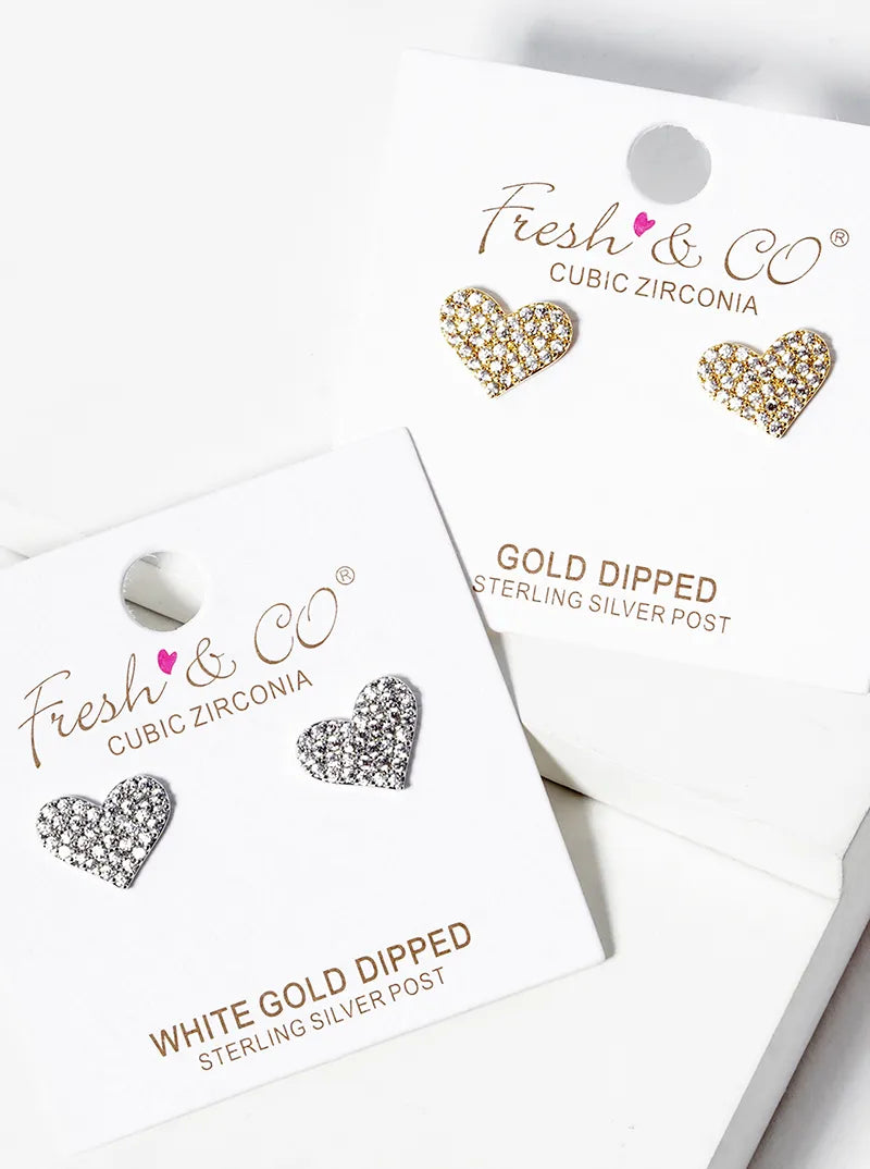 White Gold Dipped CZ Pave Heart Post Stud Earrings