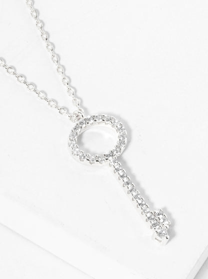 White Gold Dipped CZ Pave Key Pendant Delicate Necklace