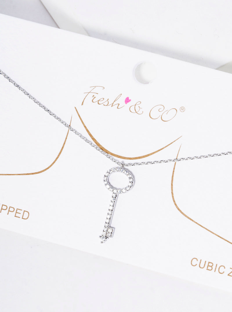 White Gold Dipped CZ Pave Key Pendant Delicate Necklace