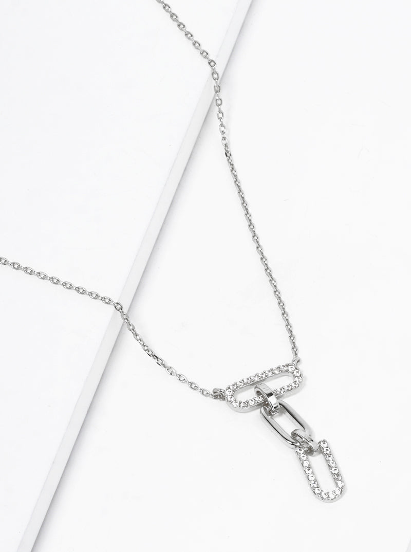 White Gold Dipped CZ Pave Link Chain Pendant Delicate Necklace