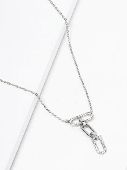 White Gold Dipped CZ Pave Link Chain Pendant Delicate Necklace
