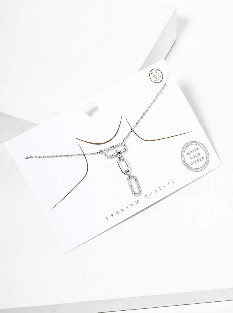 White Gold Dipped CZ Pave Link Chain Pendant Delicate Necklace