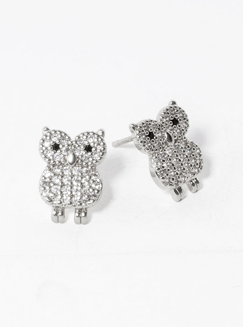White Gold Dipped CZ Pave Owl Post Stud Earrings