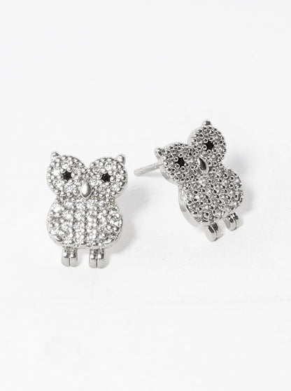 White Gold Dipped CZ Pave Owl Post Stud Earrings