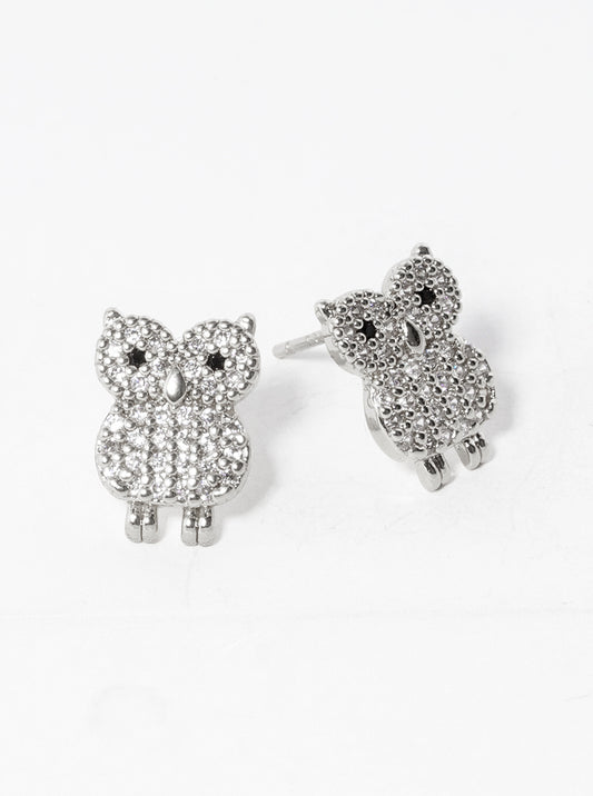White Gold Dipped CZ Pave Owl Post Stud Earrings
