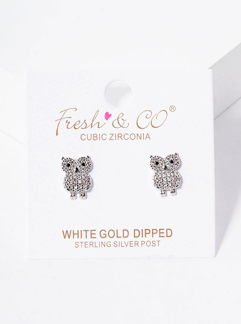 White Gold Dipped CZ Pave Owl Post Stud Earrings