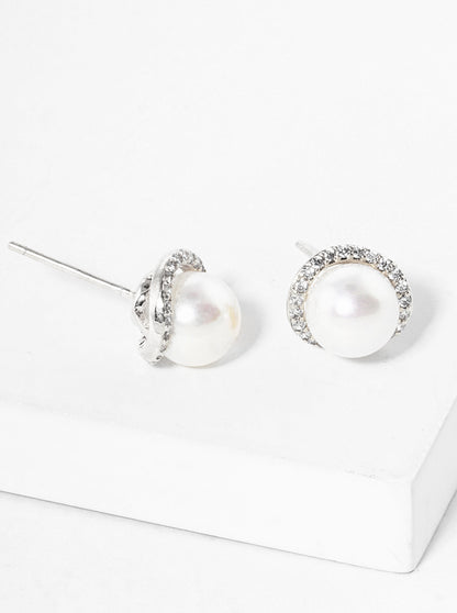 White Gold Dipped CZ Pave Pearl Post Stud Earrings