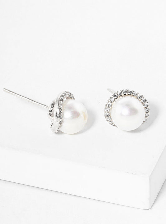 White Gold Dipped CZ Pave Pearl Post Stud Earrings