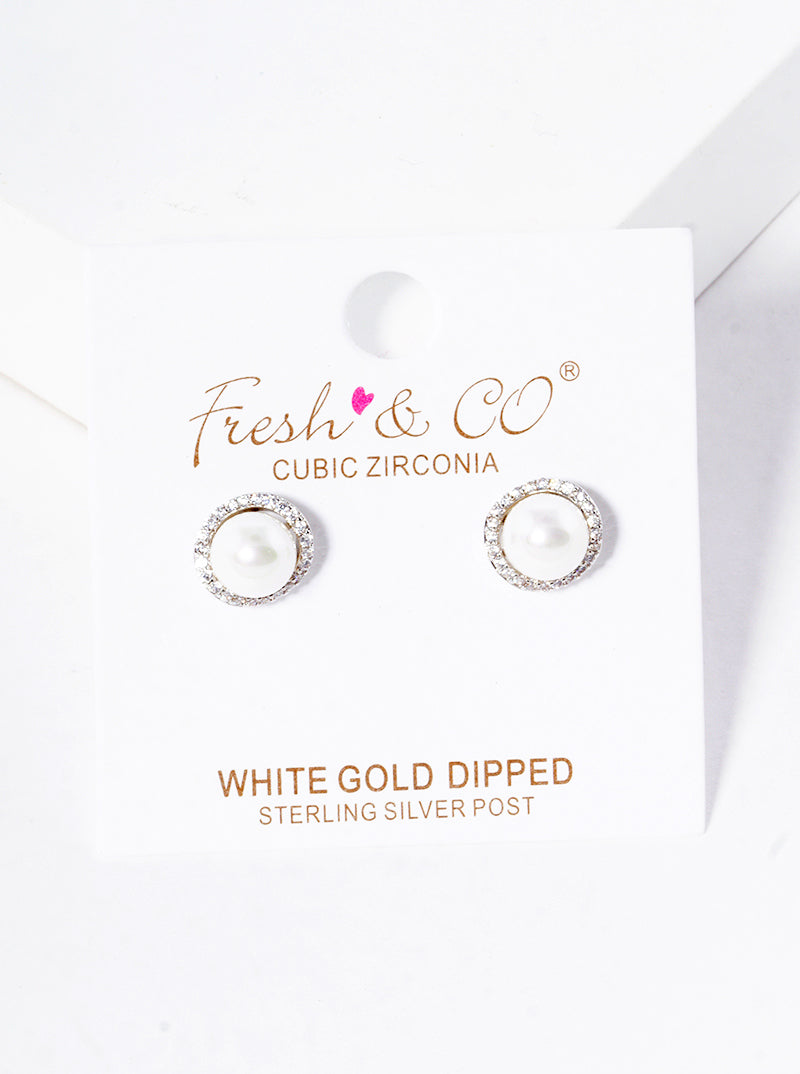 White Gold Dipped CZ Pave Pearl Post Stud Earrings