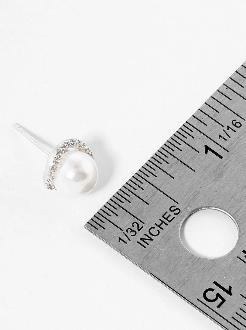 White Gold Dipped CZ Pave Pearl Post Stud Earrings