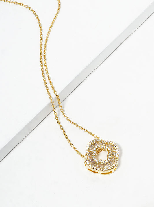 White Gold Dipped CZ Pave Quatrefoil Pendant Necklace