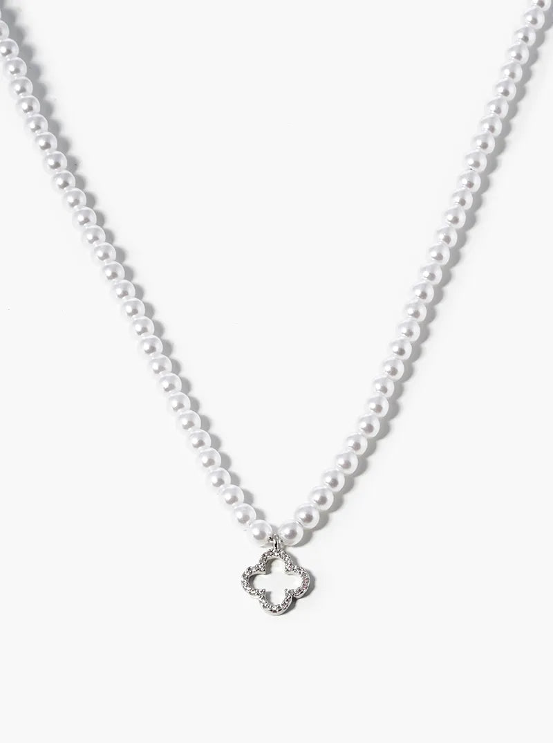 White Gold Dipped CZ Pave Quatrefoil Pendant Pearl Beaded Chain Necklace