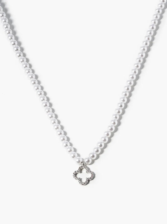 White Gold Dipped CZ Pave Quatrefoil Pendant Pearl Beaded Chain Necklace