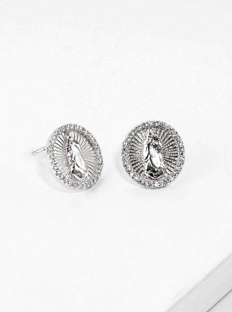 White Gold Dipped CZ Pave Round Virgin Mary Post Stud Earrings