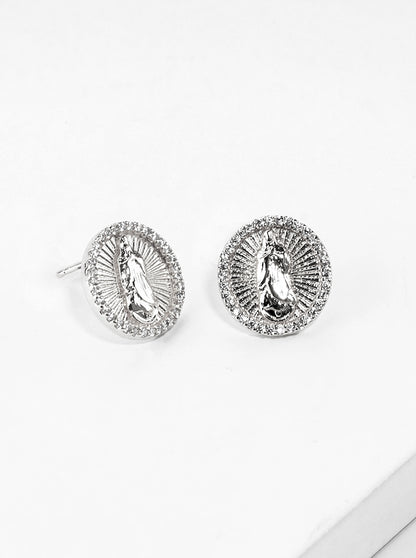 White Gold Dipped CZ Pave Round Virgin Mary Post Stud Earrings