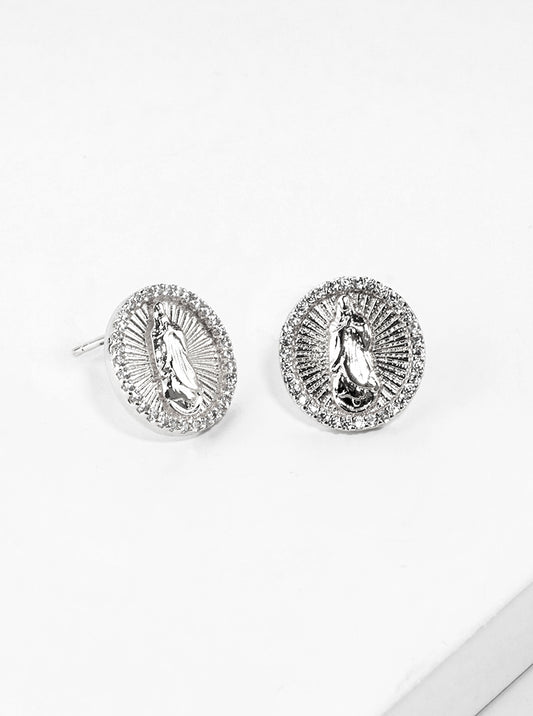 White Gold Dipped CZ Pave Round Virgin Mary Post Stud Earrings