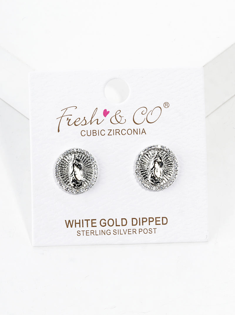 White Gold Dipped CZ Pave Round Virgin Mary Post Stud Earrings