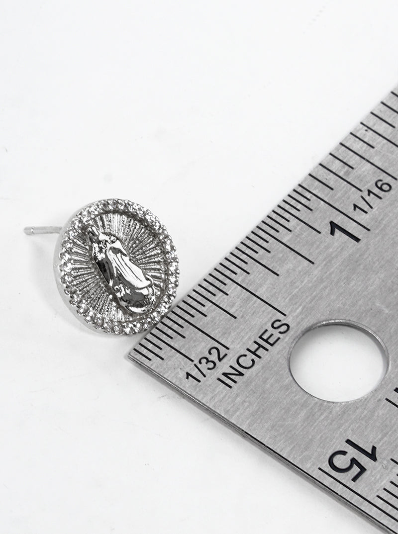 White Gold Dipped CZ Pave Round Virgin Mary Post Stud Earrings