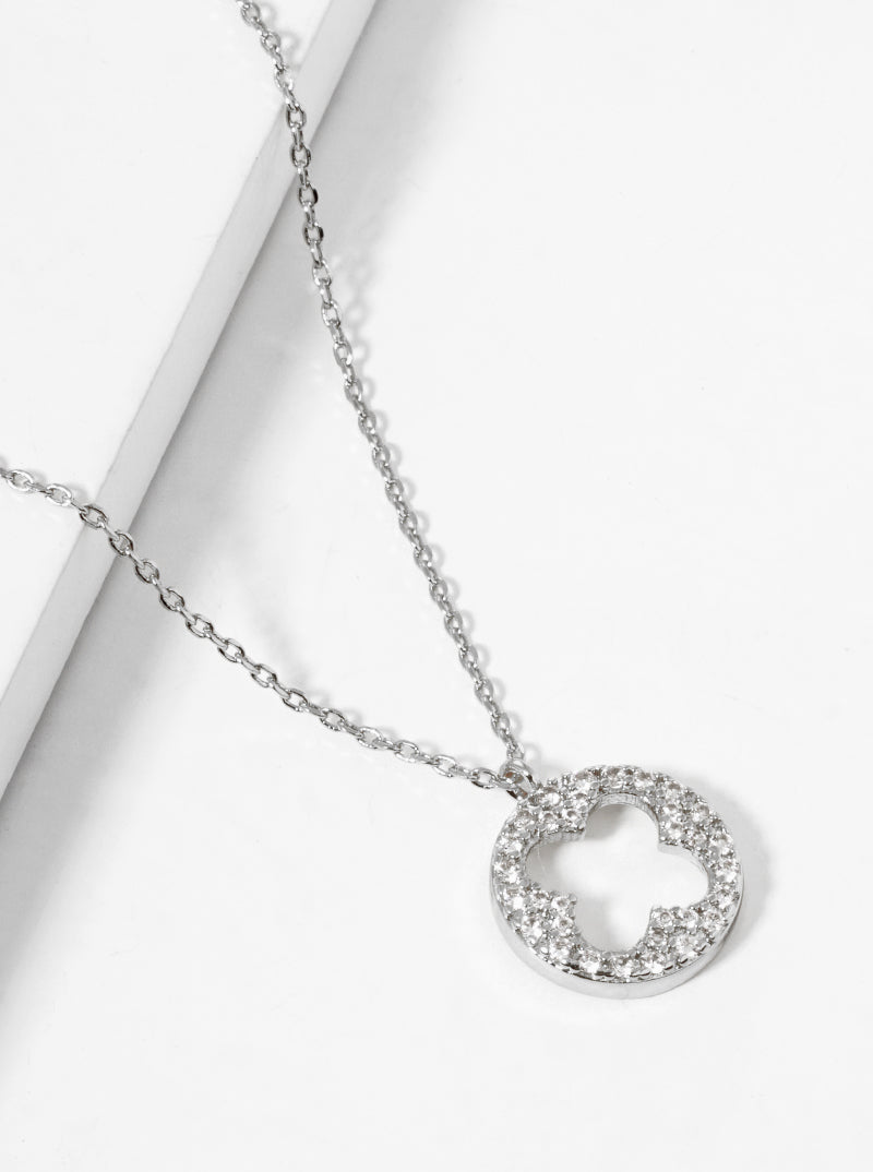 18k Gold Dipped CZ Pave Round Cutout Quatrefoil Pendant Necklace