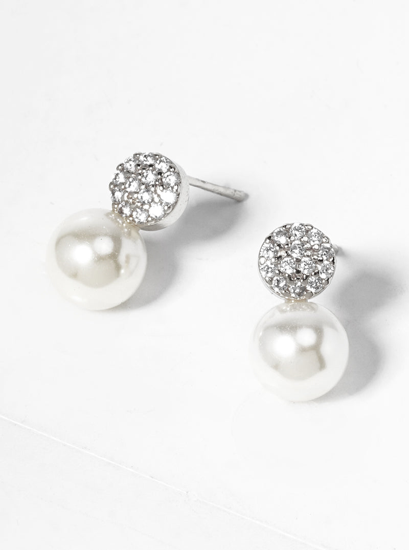 White Gold Dipped CZ Pave Round Glass Pearl  Post Stud Earrings