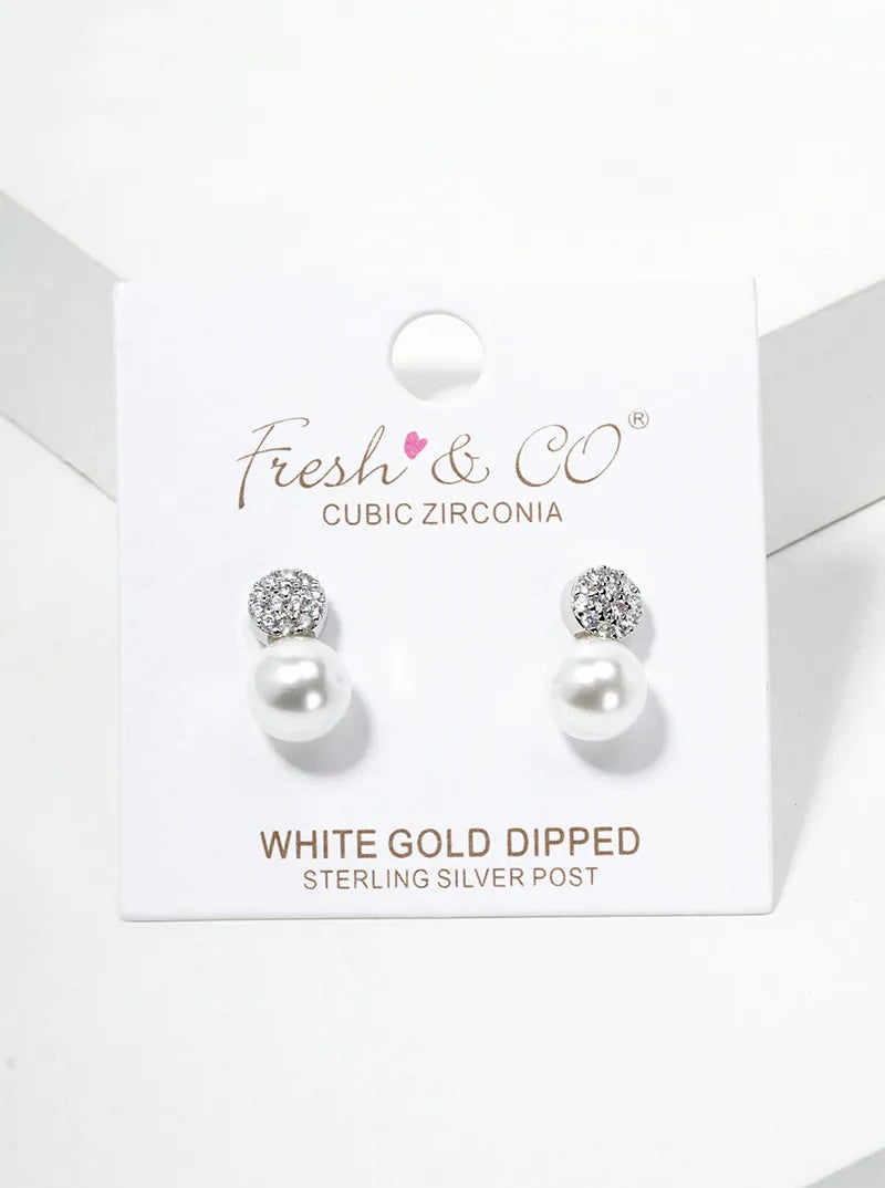 White Gold Dipped CZ Pave Round Glass Pearl  Post Stud Earrings