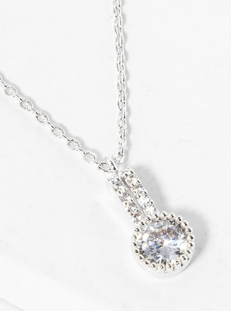 White Gold Dipped CZ Pave Round Pendant Delicate Necklace