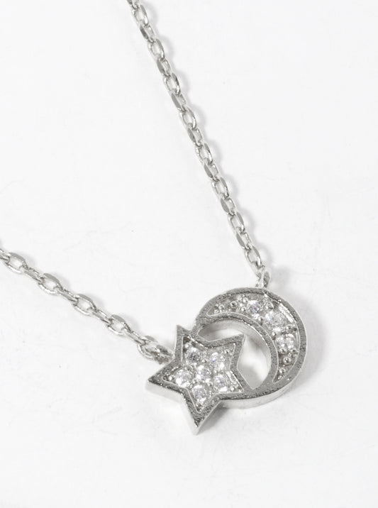 White Gold Dipped CZ Pave Star And Crescent Moon Pendant Delicate Necklace