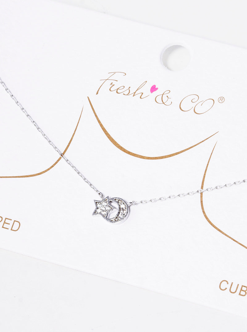 White Gold Dipped CZ Pave Star And Crescent Moon Pendant Delicate Necklace