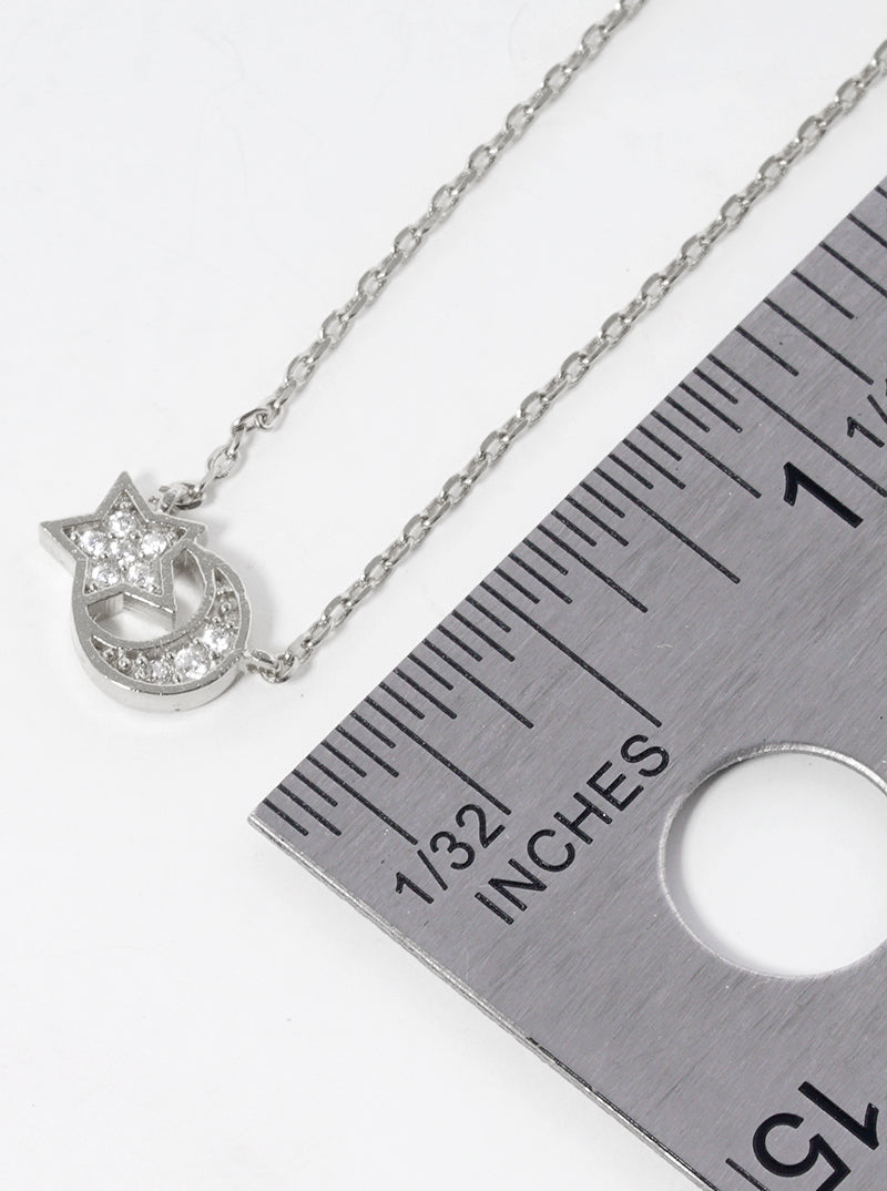White Gold Dipped CZ Pave Star And Crescent Moon Pendant Delicate Necklace