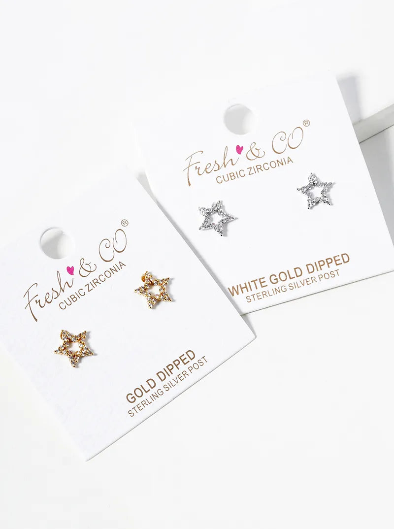 White Gold Dipped CZ Pave Star Post Stud Earrings