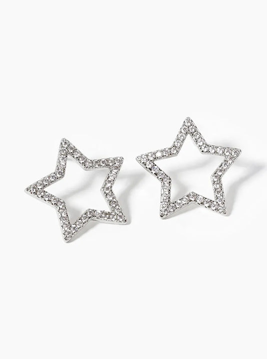 White Gold Dipped CZ Pave Star Post Stud Earrings