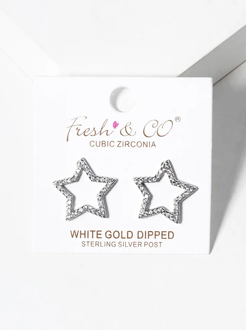 White Gold Dipped CZ Pave Star Post Stud Earrings