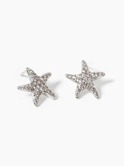 White Gold Dipped CZ Pave Starfish Post Stud Earrings