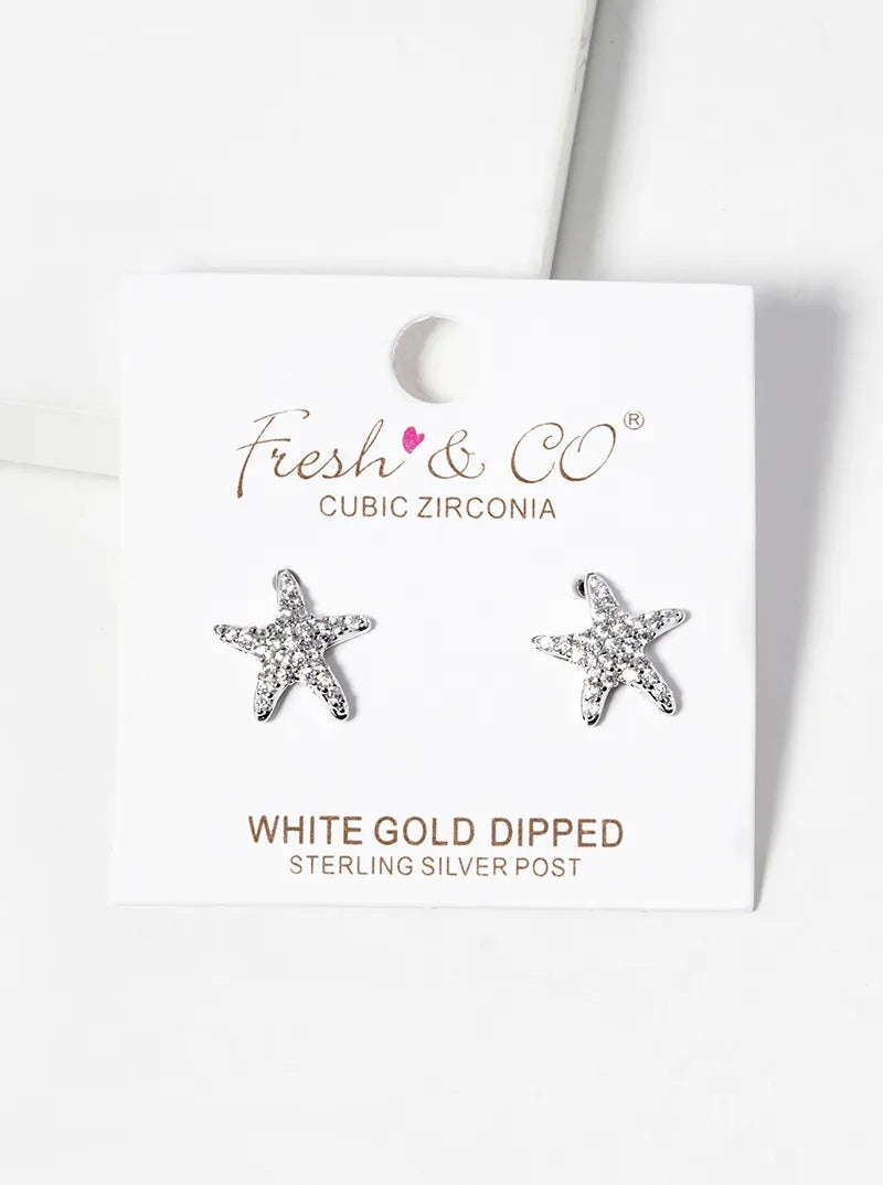 White Gold Dipped CZ Pave Starfish Post Stud Earrings