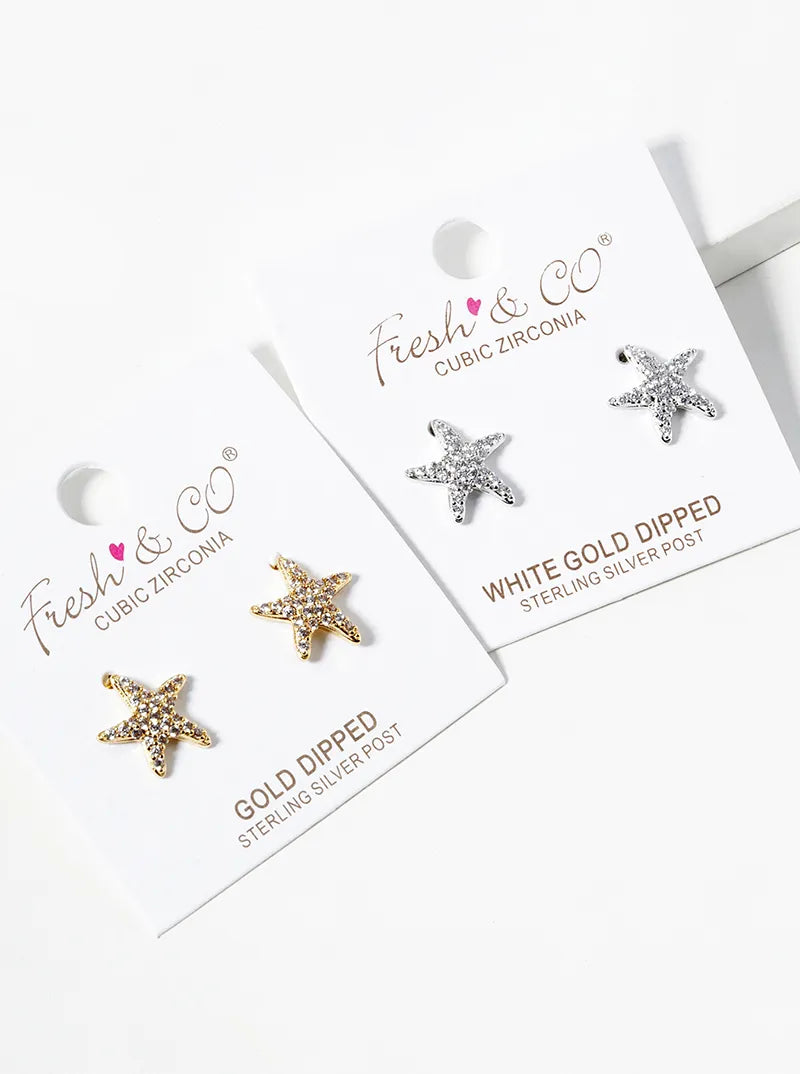 White Gold Dipped CZ Pave Starfish Post Stud Earrings