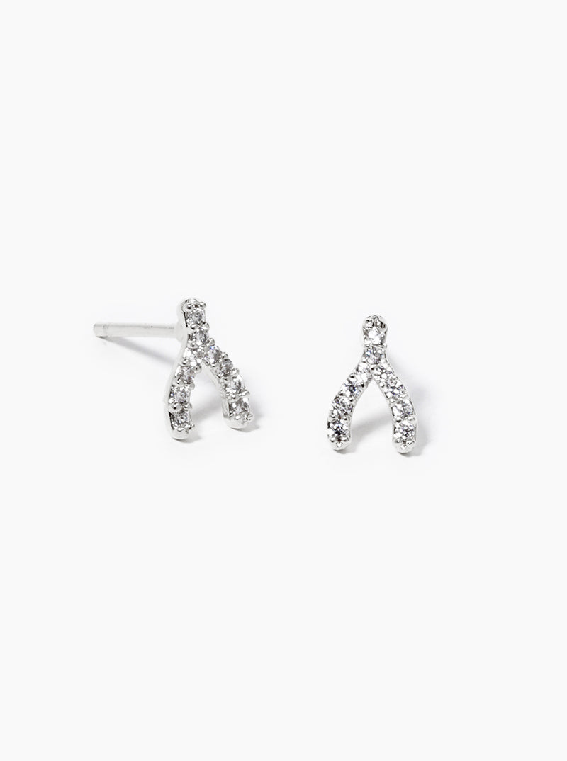 White Gold Dipped CZ Pave Wishbone Post Stud Earrings