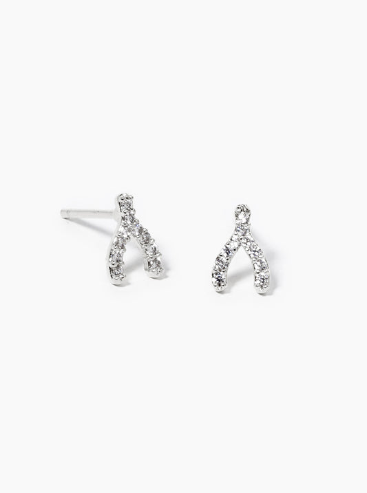 White Gold Dipped CZ Pave Wishbone Post Stud Earrings