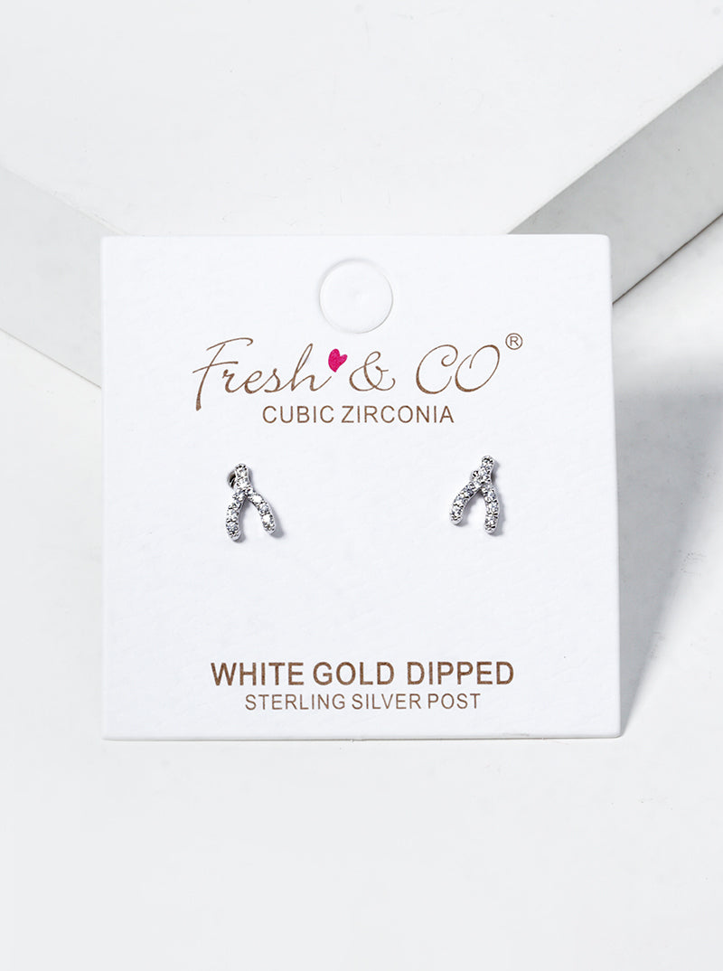 White Gold Dipped CZ Pave Wishbone Post Stud Earrings