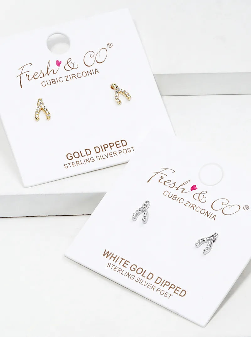 White Gold Dipped CZ Pave Wishbone Post Stud Earrings