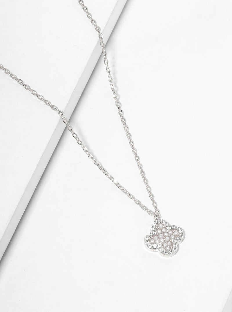 18k Gold Dipped CZ Pearl Beaded Quatrefoil Pendant Necklace