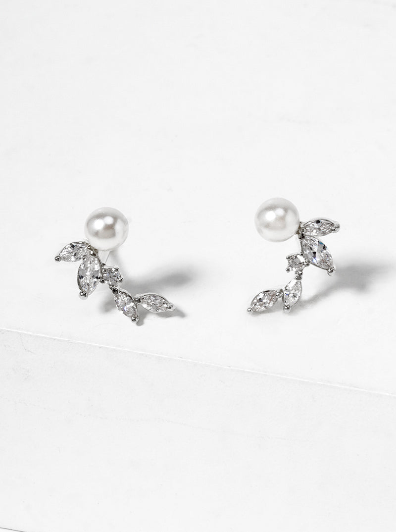 White Gold Dipped CZ Pearl Curved Leaf Dainty Post Stud Earrings