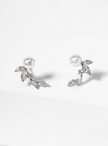 White Gold Dipped CZ Pearl Curved Leaf Dainty Post Stud Earrings