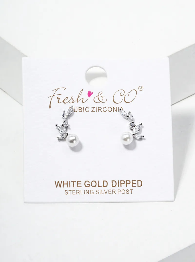 White Gold Dipped CZ Pearl Curved Leaf Dainty Post Stud Earrings