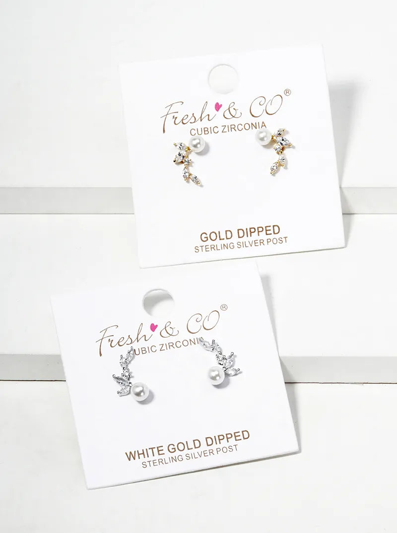 White Gold Dipped CZ Pearl Curved Leaf Dainty Post Stud Earrings